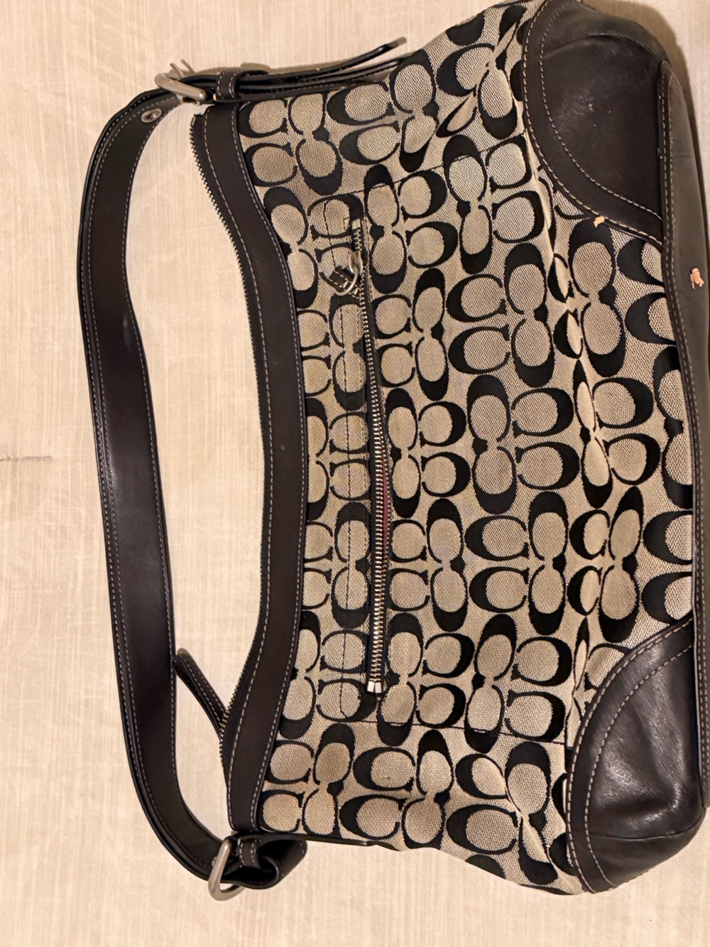 Coach Black and Khaki Signature Hobo Shoulder Bag